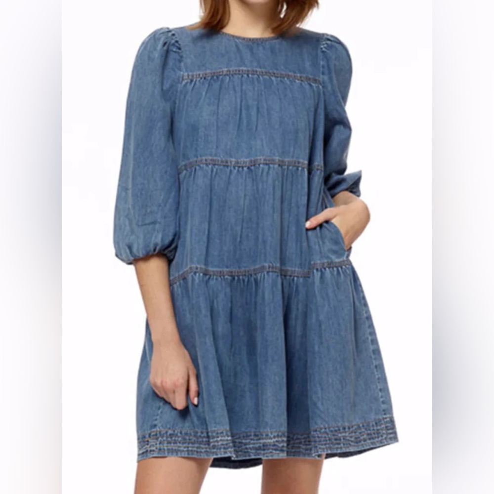 EUC Stellah Tiered Mini Dress in Washed Denim